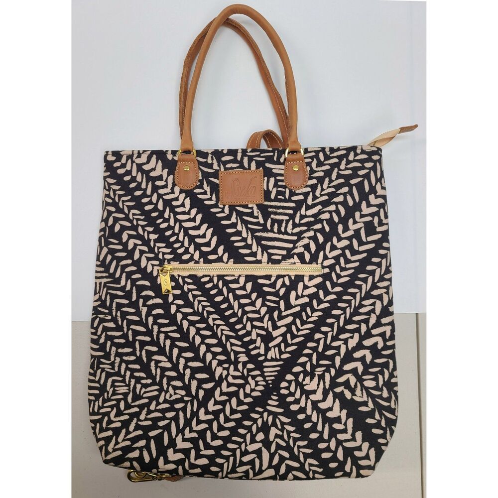 Sseko Designs Canvas Leather Convertible Backpack Tote Bag Black Tan Geometric